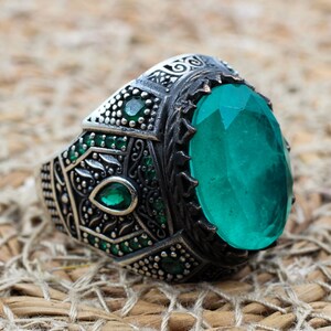 Paraiba Men&#39;s Ring, Men&#39;s Handmade Ring, Turkish Handmade Men&#39;s Ring, Ottoman Ring, Men&#39;s Jewelry, Gift for Him, 925k Sterling Silver Ring
