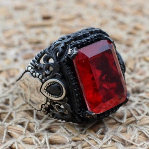 Ruby Ring, Mens Handmade Ring, Turkish Handmade Silver Men Ring, Ottoman Men Ring, Men's Jewelry, Gift for Him, 925k Sterling Silver Ring