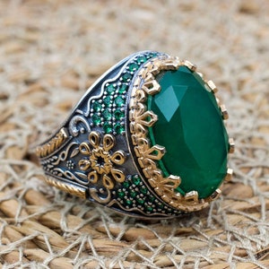 Emerald Men&#39;s Ring, Ottoman Men&#39;s Ring, Handmade Men&#39;s Ring, Turkish Handmade Men&#39;s Ring, Men&#39;s Jewelry, Gift for Him, 925 Sterling Silver