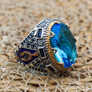 Aquamarine Sterling Silver Mens Ring: Handmade Turkish Ottoman Style