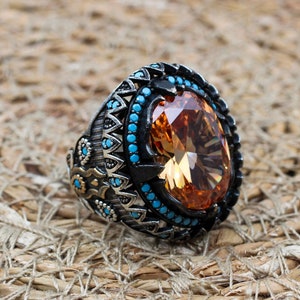 Turkish Handmade Silver Men&#39;s Ring, Men&#39;s Handmade Ring, Yemeni Ring, Topaz Men&#39;s Ring, Ottoman Ring, Gift for Him, 925k Sterling Silver,