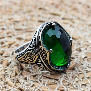 Emerald Men&#39;s Ring, Ottoman Men&#39;s Ring, Handmade Men&#39;s Ring, Turkish Handmade Men&#39;s Ring, Men&#39;s Jewelry, Gift for Him, 925 Sterling Silver