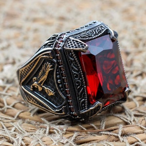 Mens Handmade Ring, Turkish Handmade Silver Men Ring, Ottoman Men Ring, Eagle Ruby Ring, Men's Jewelry, Gift for Him, 925k Sterling Silver