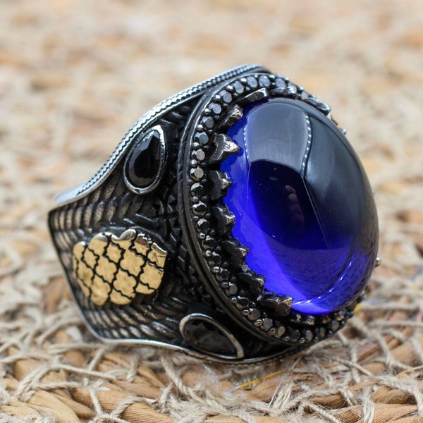 Turkish Handmade Silver Men Ring, Mens Handmade Ring, Ottoman Ring, Sapphire Ring, Men's Jewelry, Gift for Him, 925k Sterling Silver Ring