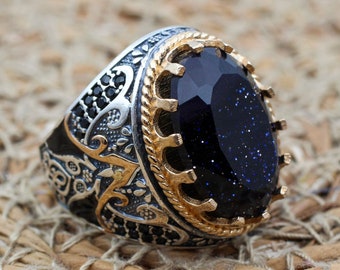 Men's Handmade Ring, Handmade Silver Mens Ring, Ottoman Mens Ring, Blue Goldstone Ring, Men's Jewelry, Gift for Him, 925k Sterling Silver