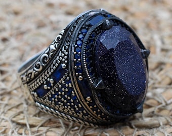 Men's Handmade Ring, Handmade Silver Mens Ring, Ottoman Mens Ring, Blue Goldstone Ring, Men's Jewelry, Gift for Him, 925k Sterling Silver