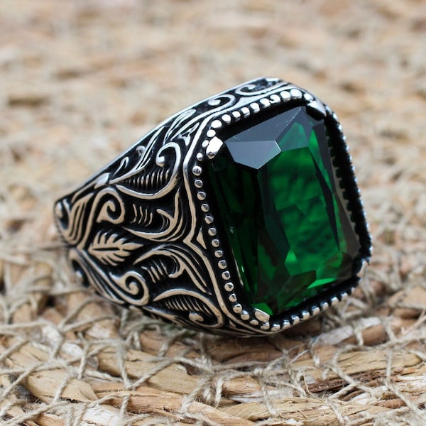 Emerald Men's Ring: Handmade Ottoman 925 Sterling Silver Jewelry