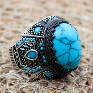 Bague turquoise faite main : bague turque ottomane pour homme en argent sterling 925 carats