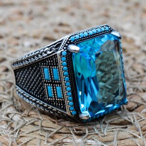 Mens Handmade Ring, Turkish Handmade Silver Men Ring, Ottoman Ring, Aquamarine Ring, Men&#39;s Jewelry, Gift for Him, 925k Sterling Silver Ring