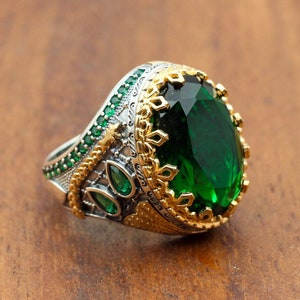 Emerald Men's Ring, Ottoman Men's Ring, Handmade Men's Ring, Turkish Handmade Men's Ring, Men's Jewelry, Gift for Him, 925 Sterling Silver