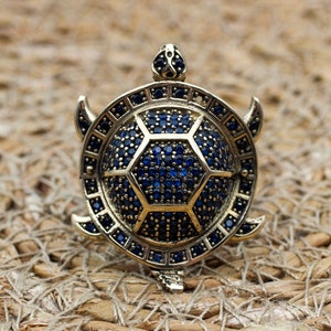 Sapphire Tortoise Ring, Handmade Women&#39;s Ring, Tortoise Ring, Turkish Handmade Ring, Ottoman Women Ring, Ladies Ring, 925 Sterling Silver