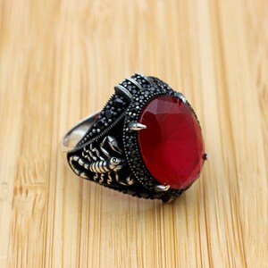 Mens Handmade Ring, Turkish Handmade Silver Men Ring, Ottoman Men Ring, Ruby Ring, Men's Jewelry, Gift for Him, 925k Sterling Silver Ring