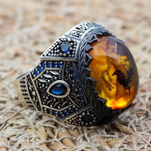 Amber Ring, Men&#39;s Handmade Ring, Ottoman Men Ring, Turkish Handmade Silver Men Ring, Men&#39;s Jewelry, Gift for Him, 925k Sterling Silver Ring