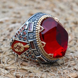 Mens handgemaakte ring, Turkse handgemaakte zilveren mannenring, Ottomaanse mannenring, Ruby Ring, herensieraden, cadeau voor hem, 925k Sterling zilveren ring