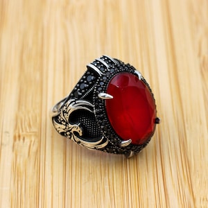 Mens Handmade Ring, Turkish Handmade Silver Men Ring, Ottoman Men Ring, Ruby Ring, Men&#39;s Jewelry, Gift for Him, 925k Sterling Silver Ring