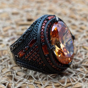 Turkish Handmade Silver Men's Ring, Men's Handmade Ring, Yemeni Ring, Topaz Men's Ring, Ottoman Ring, Gift for Him, 925k Sterling Silver,