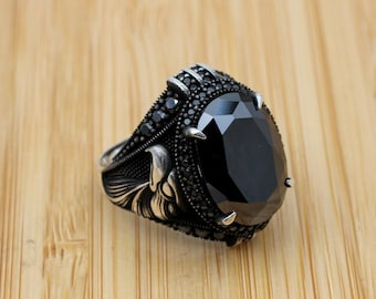 Anel masculino feito à mão em prata turca, anel masculino feito à mão, anel masculino, anel masculino de ônix, anel masculino otomano, presente para ele, prata esterlina 925k,