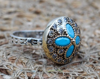 Handmade Turquoise Sterling Silver Ring: Ottoman Bronze Accent