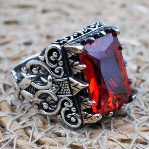 Mens Handmade Ring, Turkish Handmade Silver Men Ring, Ottoman Men Ring, Ruby Ring, Men&#39;s Jewelry, Gift for Him, 925k Sterling Silver Ring