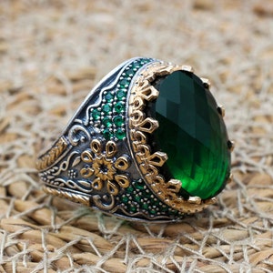 Emerald Men&#39;s Ring, Ottoman Men&#39;s Ring, Handmade Men&#39;s Ring, Turkish Handmade Men&#39;s Ring, Men&#39;s Jewelry, Gift for Him, 925 Sterling Silver