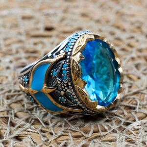 Handmade Aquamarine Ring: Ottoman 925k Sterling Silver & Bronze