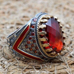 Mens Handmade Ring, Turkish Handmade Silver Men Ring, Ottoman Men Ring, Ruby Ring, Men's Jewelry, Gift for Him, 925k Sterling Silver Ring