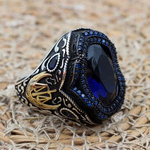 Handmade 925 Sterling Silver Men&#39;s Ring: Sapphire Ottoman Design
