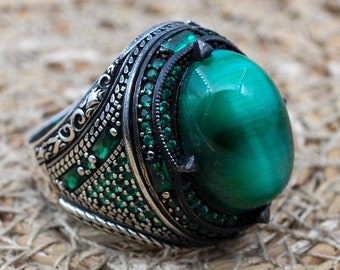 Men's Handmade Ring, Turkish Handmade, Cat's Eye Stone, Ottoman Ring, Tourmaline Ring, Mens Jewelry, Gift for Him, 925k Sterling Silver Ring