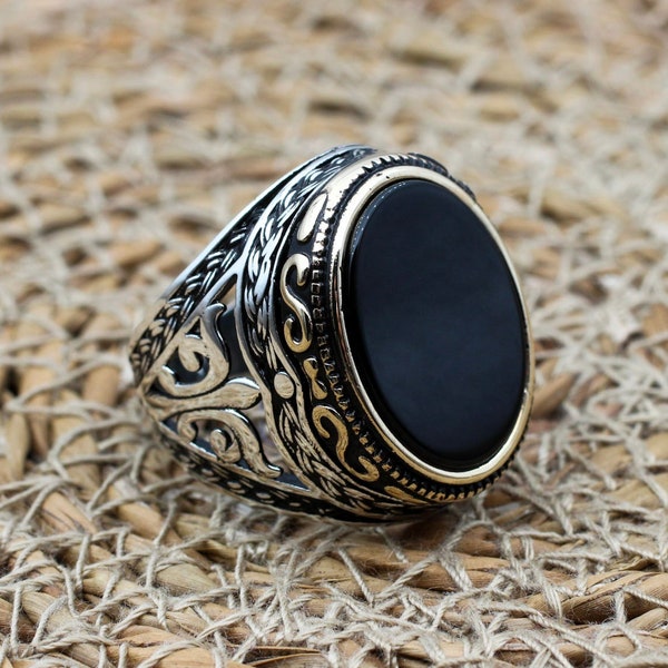 Men's Handmade Ring, Turkish Handmade Silver Men's Ring, Ottoman Men Ring, Onyx Ring, Men's Jewelry, Gift for Him, 925k Sterling Silver Ring