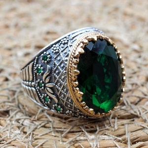 Emerald Men&#39;s Ring, Ottoman Men&#39;s Ring, Handmade Men&#39;s Ring, Turkish Handmade Men&#39;s Ring, Men&#39;s Jewelry, Gift for Him, 925 Sterling Silver
