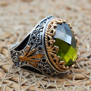 Men&#39;s Handmade Ring, Peridot Men&#39;s Ring, Turkish Handmade Silver Men&#39;s Ring, Ottoman Men&#39;s Ring, Gift for Him, 925k Sterling Silver Ring
