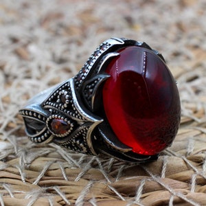 Ruby Men's Ring, Handmade Men's Ring, Turkish Handmade Silver Mens Ring, Ottoman Mens Ring, Mens Jewelry, Gift for Him, 925 Sterling Silver