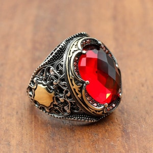 Mens Handmade Ring, Turkish Handmade Silver Men Ring, Ottoman Men Ring, Ruby Ring, Men's Jewelry, Gift for Him, 925k Sterling Silver Ring