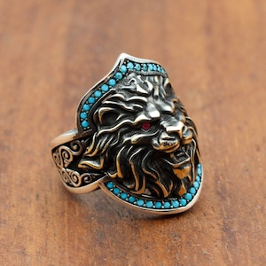 Turquoise Men's Ring, Handmade Ring, Handmade Silver Men Ring, Ottoman Ring, Men's Jewelry, Gift for Him, 925k Sterling Silver, Lion Ring