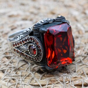 Ruby Men's Ring, Handmade Men's Ring, Turkish Handmade Silver Mens Ring, Ottoman Mens Ring, Mens Jewelry, Gift for Him, 925 Sterling Silver
