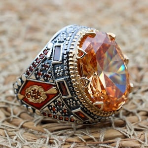 Topaz Men&#39;s Ring, Handmade Men&#39;s Ring, Men&#39;s Ring, Turkish Handmade Silver Men&#39;s Ring, Ottoman Mens Ring, Gift for Him, 925k Sterling Silver