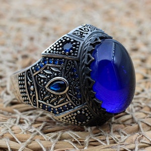 Sapphire Men&#39;s Ring: Handmade Ottoman 925 Sterling Silver