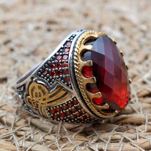 Mens Handmade Ring, Turkish Handmade Silver Men Ring, Ottoman Men Ring, Ruby Ring, Men's Jewelry, Gift for Him, 925k Sterling Silver Ring