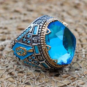 Handmade Men&#39;s Ring, Turkish Handmade Silver Ring, Ottoman Men Ring, Aquamarine Ring, Valentine&#39;s Day, Gift for Him, 925k Sterling Silver