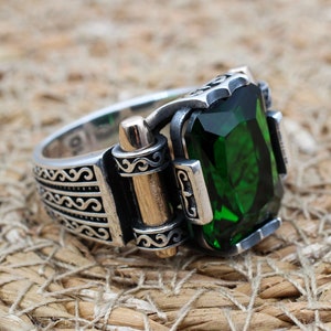 Emerald Men&#39;s Ring, Ottoman Men&#39;s Ring, Handmade Men&#39;s Ring, Turkish Handmade Men&#39;s Ring, Men&#39;s Jewelry, Gift for Him, 925 Sterling Silver