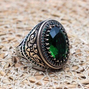 Emerald Men&#39;s Ring, Ottoman Men&#39;s Ring, Handmade Men&#39;s Ring, Turkish Handmade Men&#39;s Ring, Men&#39;s Jewelry, Gift for Him, 925 Sterling Silver