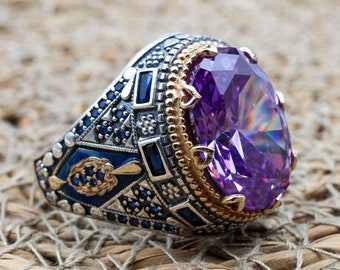 Amethyst Men's Ring, Men Handmade Ring, Turkish Handmade Silver Men Ring, Ottoman Men Ring, Men Jewelry, Gift for Him, 925k Sterling Silver