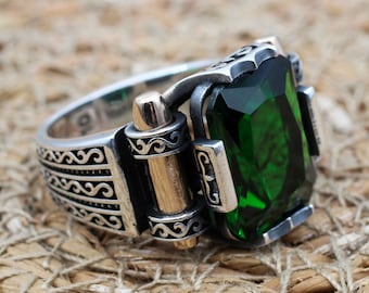 Emerald Men&#39;s Ring, Ottoman Men&#39;s Ring, Handmade Men&#39;s Ring, Turkish Handmade Men&#39;s Ring, Men&#39;s Jewelry, Gift for Him, 925 Sterling Silver