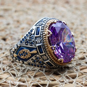 Amethyst Men's Ring, Handmade Ottoman 925 Sterling Silver Ring