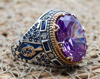 Amethyst Men's Ring, Handmade Ottoman 925 Sterling Silver Ring