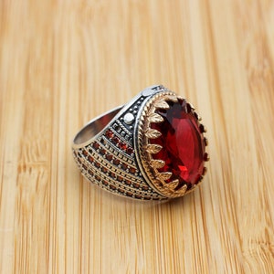 Mens Handmade Ring, Turkish Handmade Silver Men Ring, Ottoman Men Ring, Ruby Ring, Men's Jewelry, Gift for Him, 925k Sterling Silver Ring
