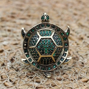 Emerald Tortoise Ring, Handmade Women&#39;s Ring, Tortoise Ring, Turkish Handmade Ring, Ottoman Women Ring, Ladies Ring, 925 Sterling Silver,