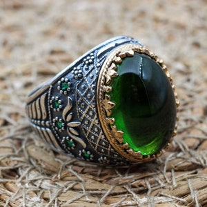 Emerald Sterling Silver Men&#39;s Ring - Turkish Handmade Bronze Accent