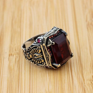 Mens Handmade Ring, Turkish Handmade Silver Men Ring, Ottoman Men Ring, Ruby Ring, Men's Jewelry, Gift for Him, 925k Sterling Silver Ring