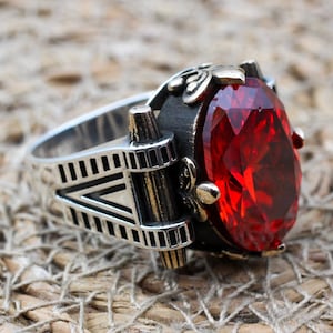Ruby Men's Ring, Handmade Men's Ring, Turkish Handmade Silver Mens Ring, Ottoman Mens Ring, Mens Jewelry, Gift for Him, 925 Sterling Silver